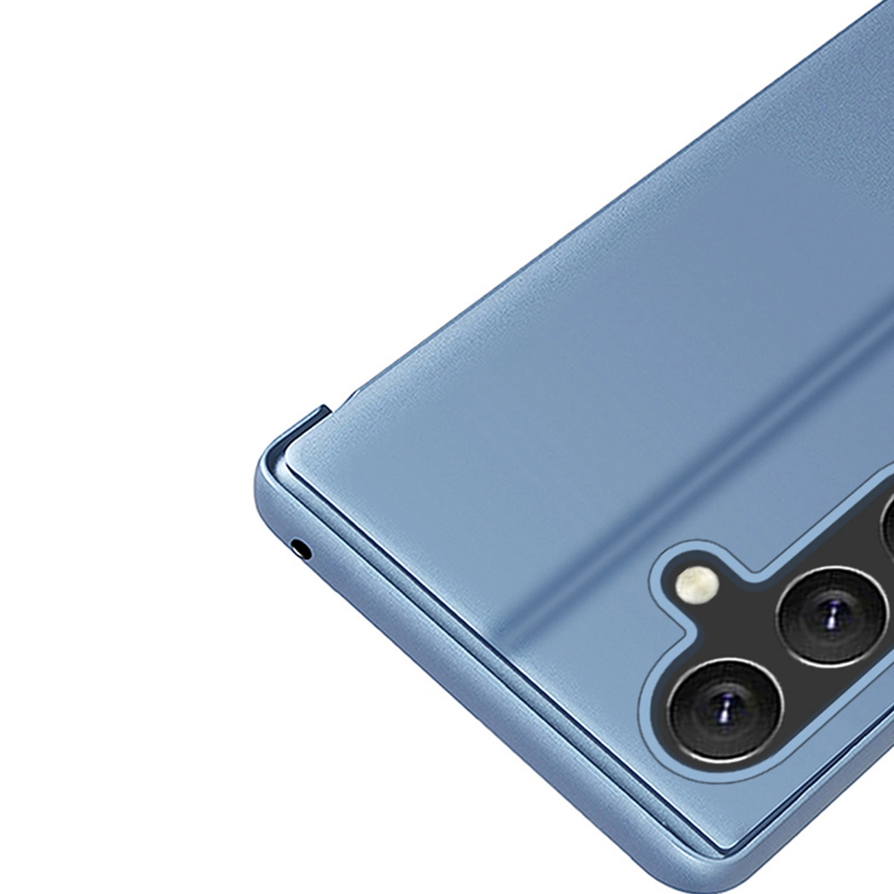 Niebieskie etui z klapką na telefon, z widocznymi trzema otworami na aparaty i lampą błyskową.