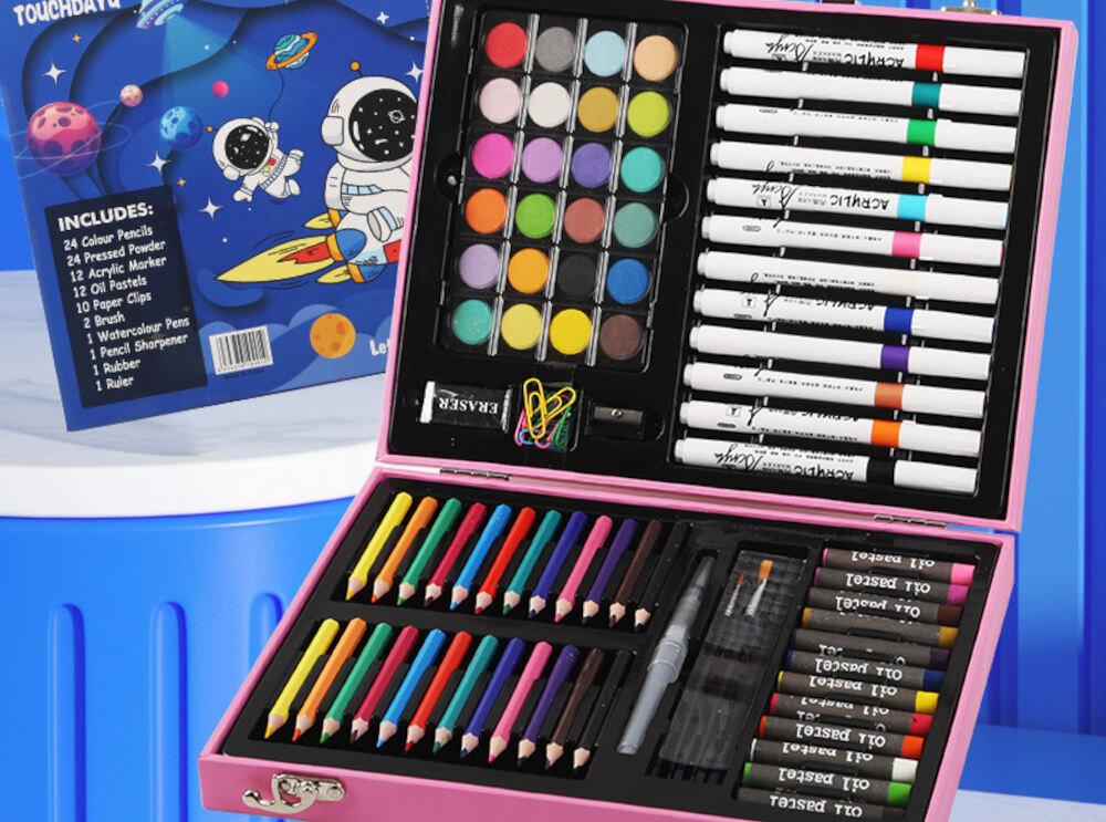 Zestaw kreatywny EXTRALINK Jednorożec do malowania EX.26989 (88 elementów) Bogactwo narzędzi do wyboru akwarele, kredki, pastele i markery swoboda tworzenie ulubione przybory kreatywna aktywność