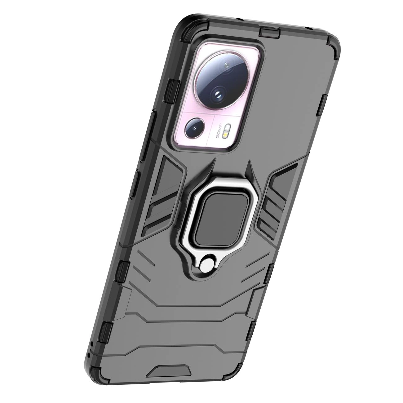 Czarne etui ochronne z magnetycznym uchwytem na telefon, z widocznymi wycięciami na aparat i przyciski. Etui ma pancerne wzornictwo z geometrycznymi kształtami.