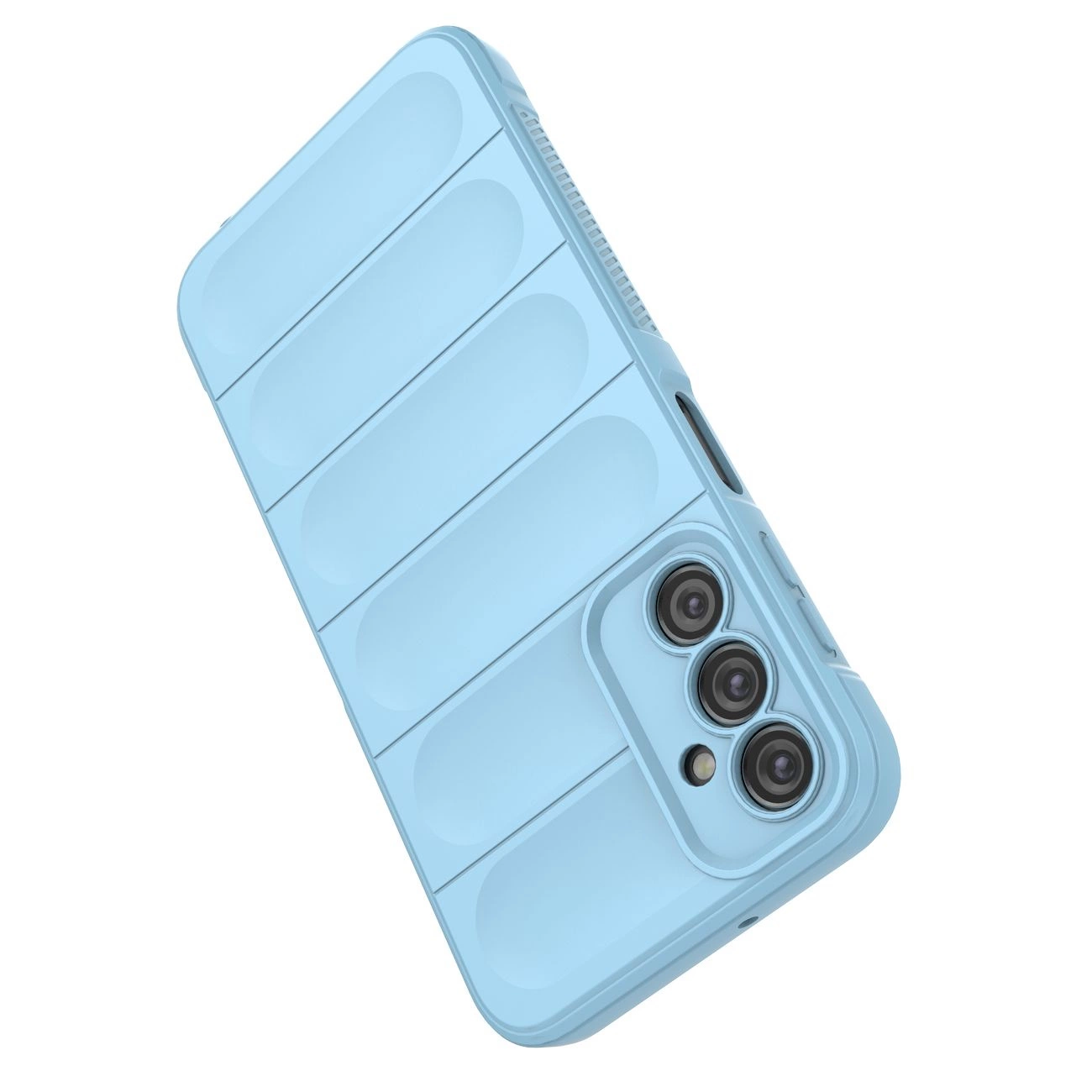 Jasnoniebieskie etui na telefon z trzema wycięciami na aparaty fotograficzne i teksturowaną powierzchnią. Etui ma elastyczną, pancerną konstrukcję.