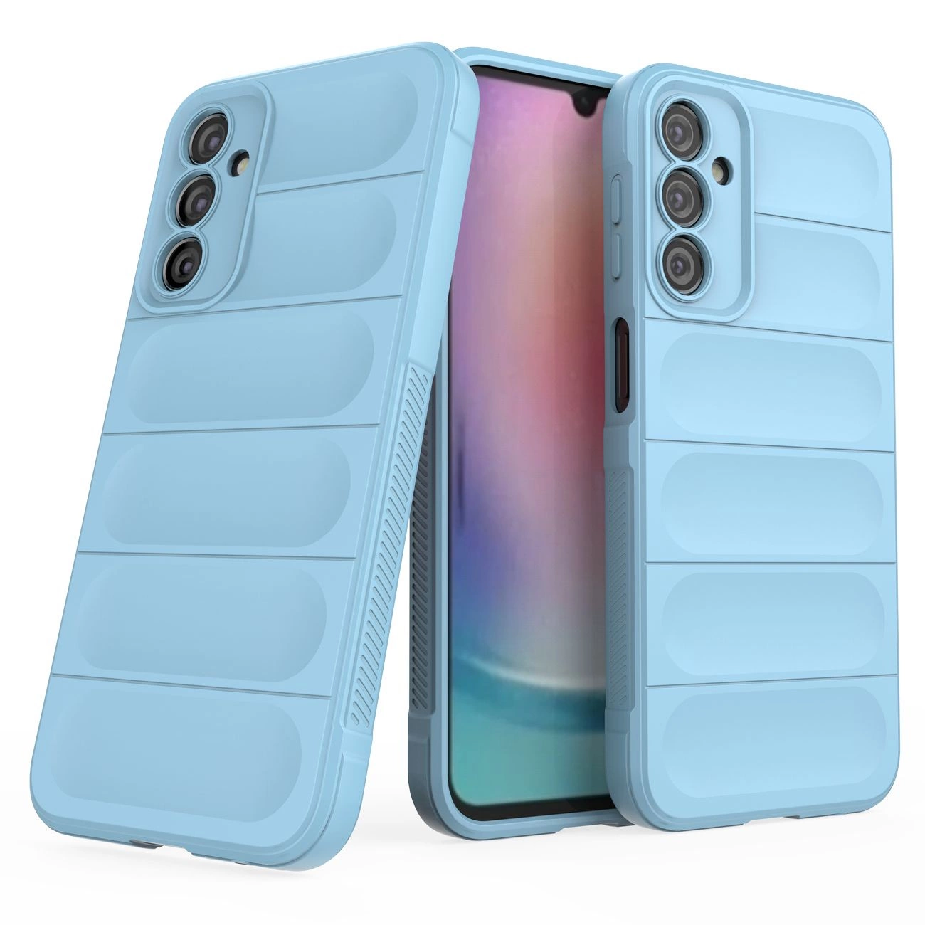 Na obrazie widoczne są dwa jasnoniebieskie etui na telefon z trzema otworami na aparaty. Etui ma elastyczną, pancerzową strukturę z poziomymi wypukłościami.