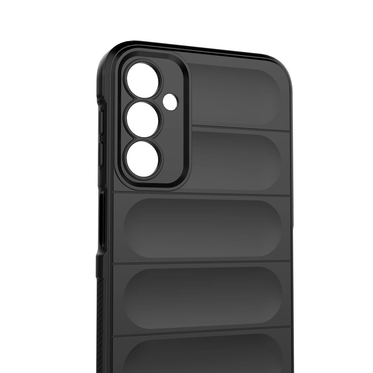 Czarne etui na telefon z trzema dużymi otworami na aparat i jednym mniejszym otworem. Powierzchnia etui ma poziome, wypukłe pasy.