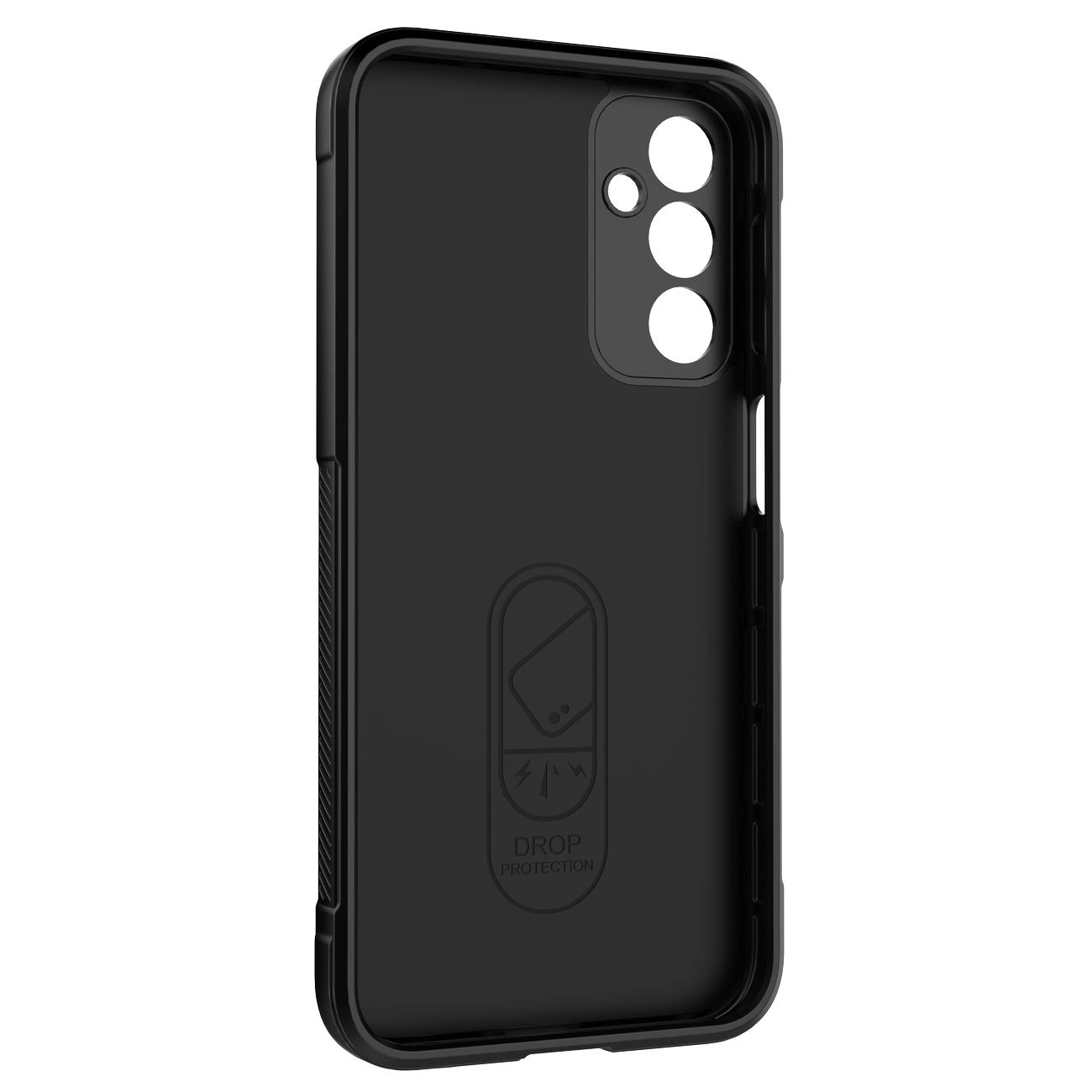Czarne etui na telefon z trzema otworami na aparat i napisem \'DROP PROTECTION\' na tylnej części. Etui ma teksturowane boki dla lepszego chwytu.