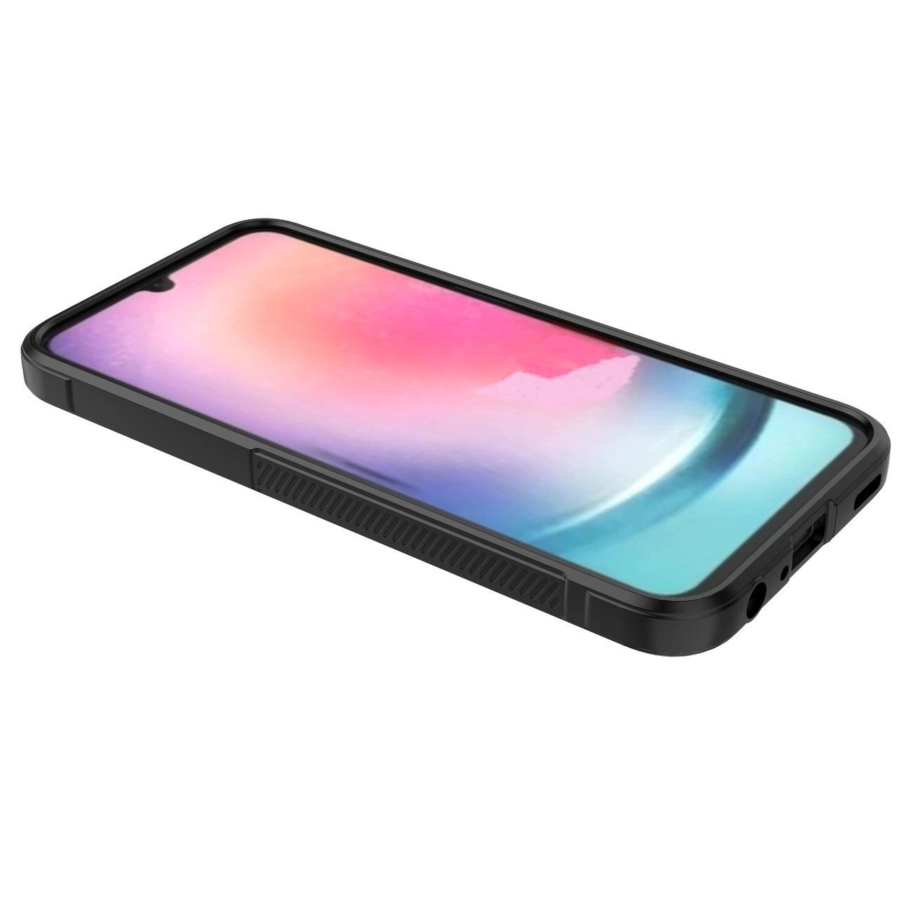 Na obrazie widoczny jest smartfon w czarnym etui z kolorowym ekranem wyświetlającym gradient od różowego do niebieskiego. Etui ma wycięcia na porty i przyciski.