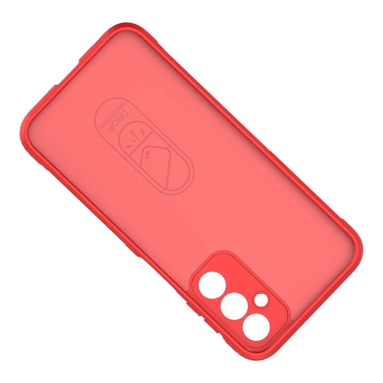 Czerwone etui na telefon z trzema okrągłymi otworami na aparat i jednym mniejszym otworem. Na środku widoczny jest symbol telefonu z napisem \'DROP Protection\'.