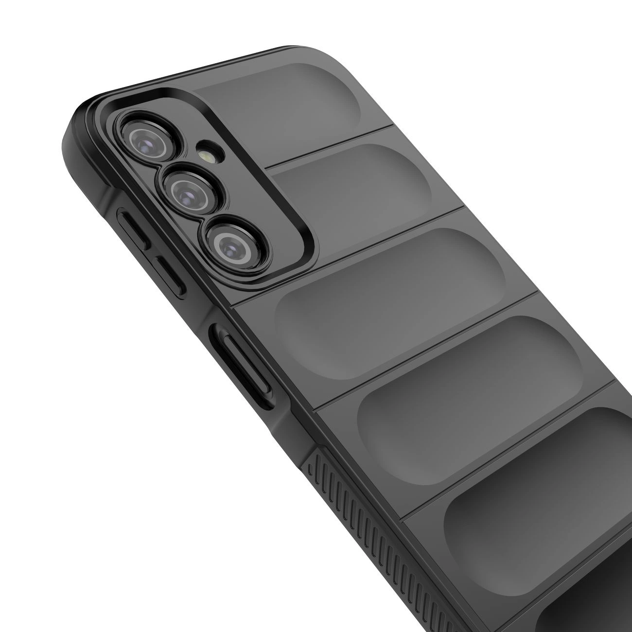 Obraz przedstawia czarne etui na telefon z trzema widocznymi otworami na aparaty fotograficzne. Etui ma wyraźne, wypukłe wzory na powierzchni.