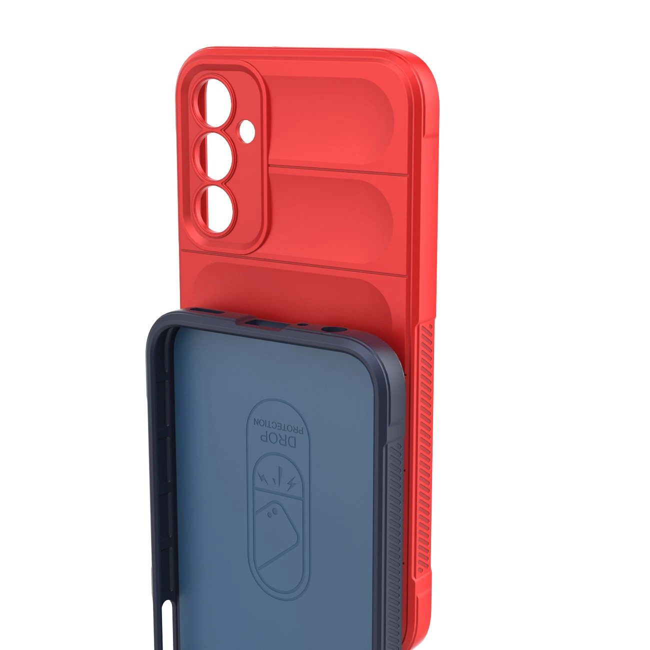 Obraz przedstawia czerwone etui na telefon z trzema otworami na aparaty i jednym na lampę błyskową. Na wewnętrznej stronie etui widoczny jest napis \'DROP PROTECTION\' z ikoną telefonu.