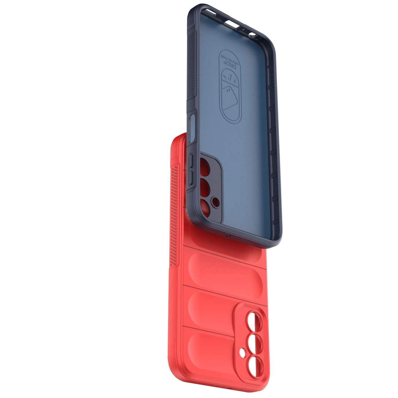 Obraz przedstawia dwa etui na telefon, jedno w kolorze czerwonym, a drugie w ciemnym odcieniu. Etui mają wycięcia na aparat i przyciski boczne.