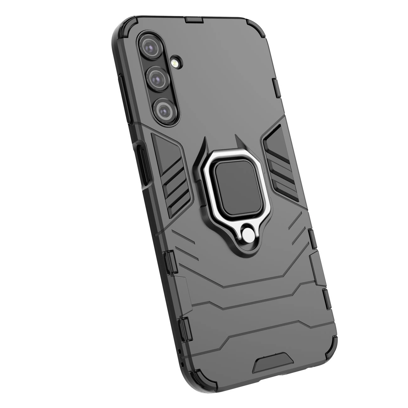 Czarne etui ochronne z uchwytem magnetycznym i wzorem geometrycznym, przeznaczone do telefonu z trzema aparatami. Etui ma solidną konstrukcję z wyraźnymi liniami i metalicznym elementem na środku.