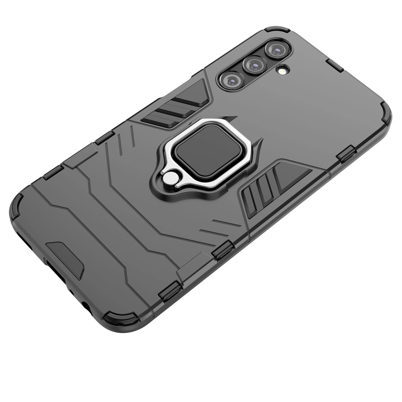 Czarne etui ochronne z geometrycznymi wzorami i wbudowanym uchwytem magnetycznym na tylnej stronie. Etui posiada wycięcia na trzy obiektywy aparatu i lampę błyskową.