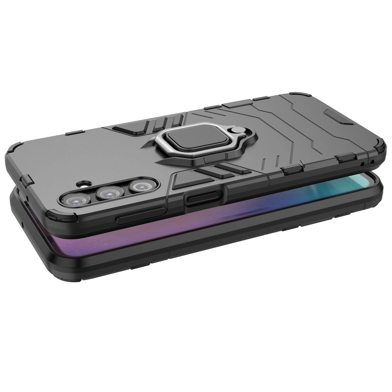 Czarne etui ochronne z magnetycznym uchwytem i wzorem geometrycznym, przeznaczone dla telefonu Samsung Galaxy A24 4G. Widoczne są trzy otwory na aparaty fotograficzne.