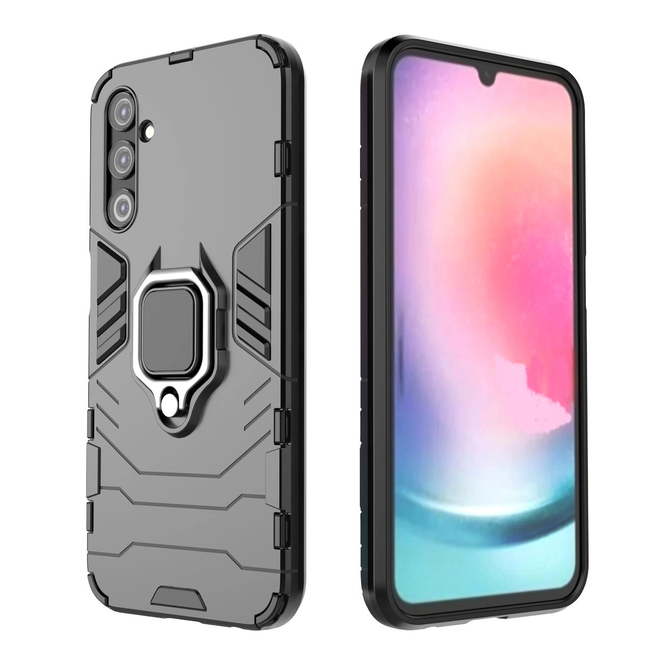 Obraz przedstawia czarne etui ochronne z uchwytem magnetycznym na telefon Samsung Galaxy A24 4G. Etui ma pancerzowy design z wyraźnymi liniami i miejscem na aparat z trzema obiektywami.