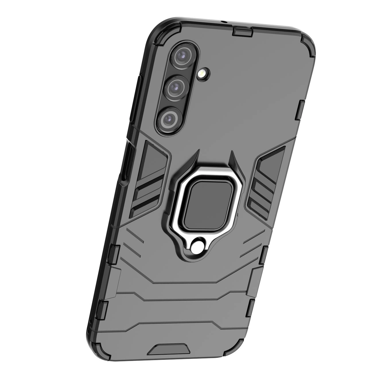Czarne etui ochronne z uchwytem magnetycznym i wzorem geometrycznym, przeznaczone do telefonu z trzema obiektywami aparatu. Etui ma solidną konstrukcję z wyraźnymi liniami i metalicznym elementem na środku.
