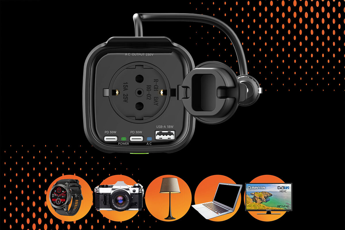 Przetwornica samochodowa MANTA MPI201C Power Inverter 150W 12 V / 230V, USB-C, telefon, szybkie, ładowanie, Gniazda AC i USB z ikonami urządzeń