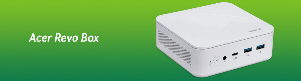 Komputer ACER Revo Box RB102-13U5U i5-1334U 16GB RAM 512GB SSD Wi-Fi prezentacja komputera na zielonym tle obok napis z nazwą