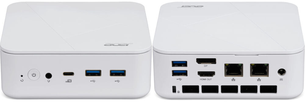 Komputer ACER Revo Box RB102-13U5U i5-1334U 16GB RAM 512GB SSD Wi-Fi prezentacja portów od przodu i od tyłu urządzenia na białym tle szeroki wybór portów ułatwienie organizacji