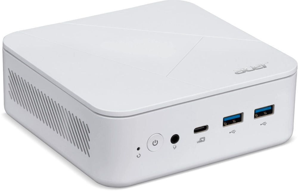 Komputer ACER Revo Box RB102-13U5U i5-1334U 16GB RAM 512GB SSD Wi-Fi prezentacja urządzenia od przodu pod kątem na białym tle procesor częstotliwość pamięć podręczna grafika płynna praca