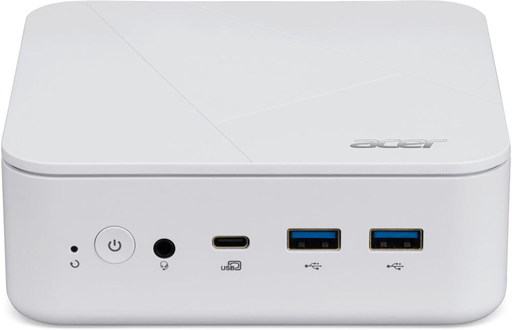 Komputer ACER Revo Box RB102-13U5U i5-1334U 16GB RAM 512GB SSD Wi-Fi prezentacja komputera od przodu na białym tle wymiary waga przenoszenie montaż dynamiczne środowisko pracy