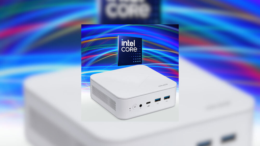 Komputer ACER Revo Box RB102-13U3U i3-1305U 16GB RAM 512GB SSD Wi-Fi procesor Intel Core płynność dopasowanie konfiguracji prezentacja komputera od przodu pod kątem nad urządzeniem lewitujący procesor w tle pasma światła i rozmazany obraz tego w tle