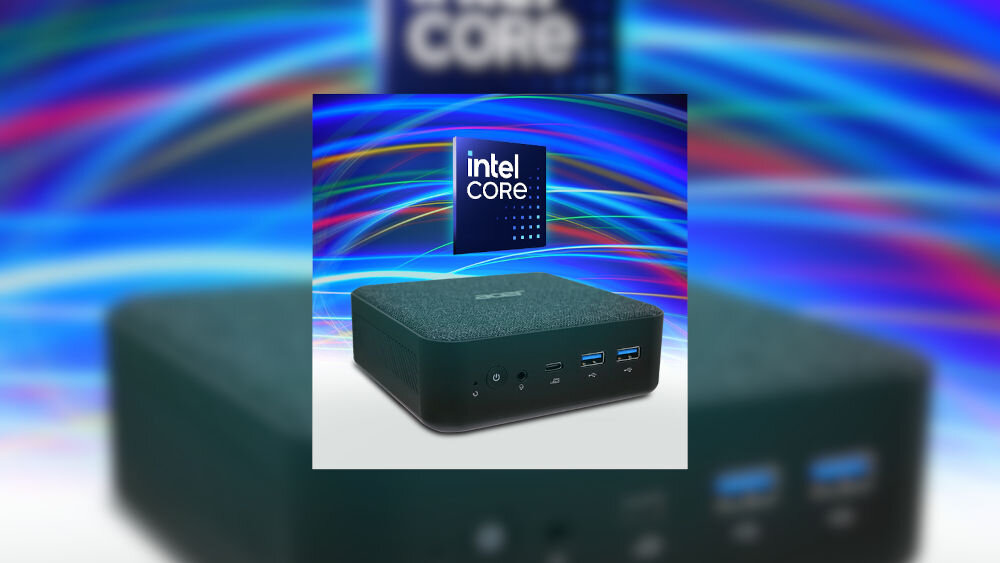 Komputer ACER Revo Box RB102-14U5U Ultra 5-125U 16GB RAM 512GB SSD Wi-Fi procesor Intel Core płynność dopasowanie konfiguracji prezentacja komputera od przodu pod kątem nad urządzeniem lewitujący procesor w tle pasma światła i rozmazany obraz tego w tle