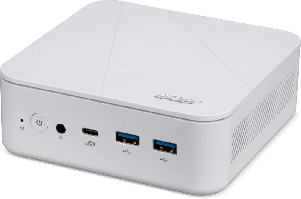 Komputer ACER Revo Box RB102-14U5U Ultra 5-125U 16GB RAM 512GB SSD Wi-Fi prezentacja urządzenia od przodu pod kątem na białym tle pamięć RAM taktowanie sprawna obsługa wielu zadań możliwość rozbudowy dysk SSD