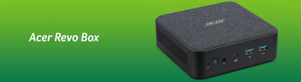 Komputer ACER Revo Box RB102-13U5U i5-1334U 16GB RAM 512GB SSD Wi-Fi prezentacja komputera na zielonym tle obok napis z nazwą