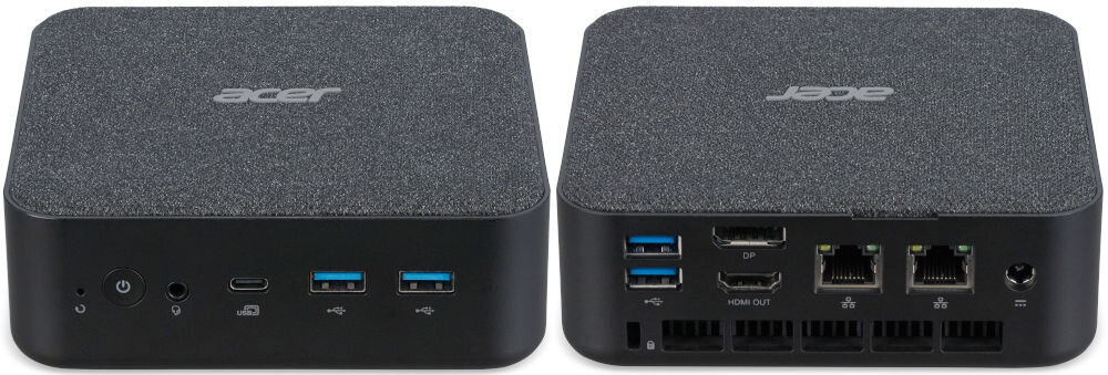 Komputer ACER Revo Box RB102-13U5U i5-1334U 16GB RAM 512GB SSD Wi-Fi prezentacja portów od przodu i od tyłu urządzenia na białym tle szeroki wybór portów ułatwienie organizacji
