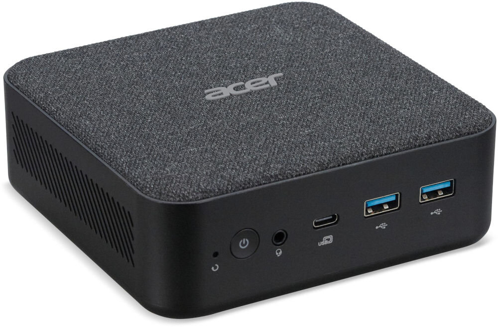 Komputer ACER Revo Box RB102-13U3U i3-1305U 16GB RAM 512GB SSD Wi-Fi prezentacja urządzenia od przodu pod kątem na białym tle procesor częstotliwość pamięć podręczna grafika płynna praca