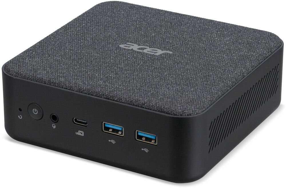 Komputer ACER Revo Box RB102-13U3U i3-1305U 16GB RAM 512GB SSD Wi-Fi prezentacja urządzenia od przodu pod kątem na białym tle pamięć RAM taktowanie sprawna obsługa wielu zadań możliwość rozbudowy dysk SSD