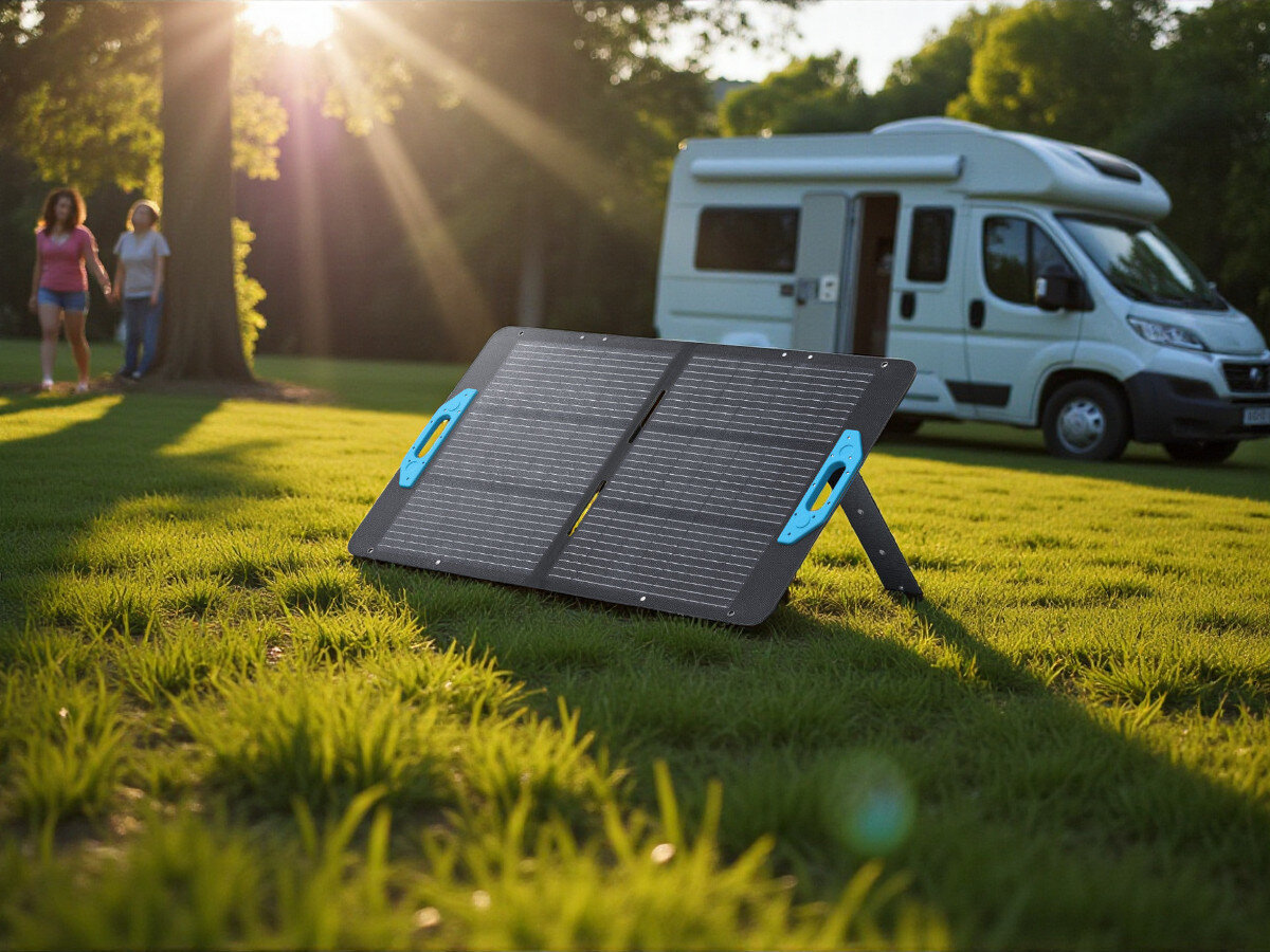 Panel fotowoltaiczny ANKER Solix PS100 100W, efektywne, ładowanie, słońce, ekologiczne, Panel ANKER Solix PS100 rozstawiony na polanie przy kamperze, osoby spacerujące w tle, słoneczna aura.