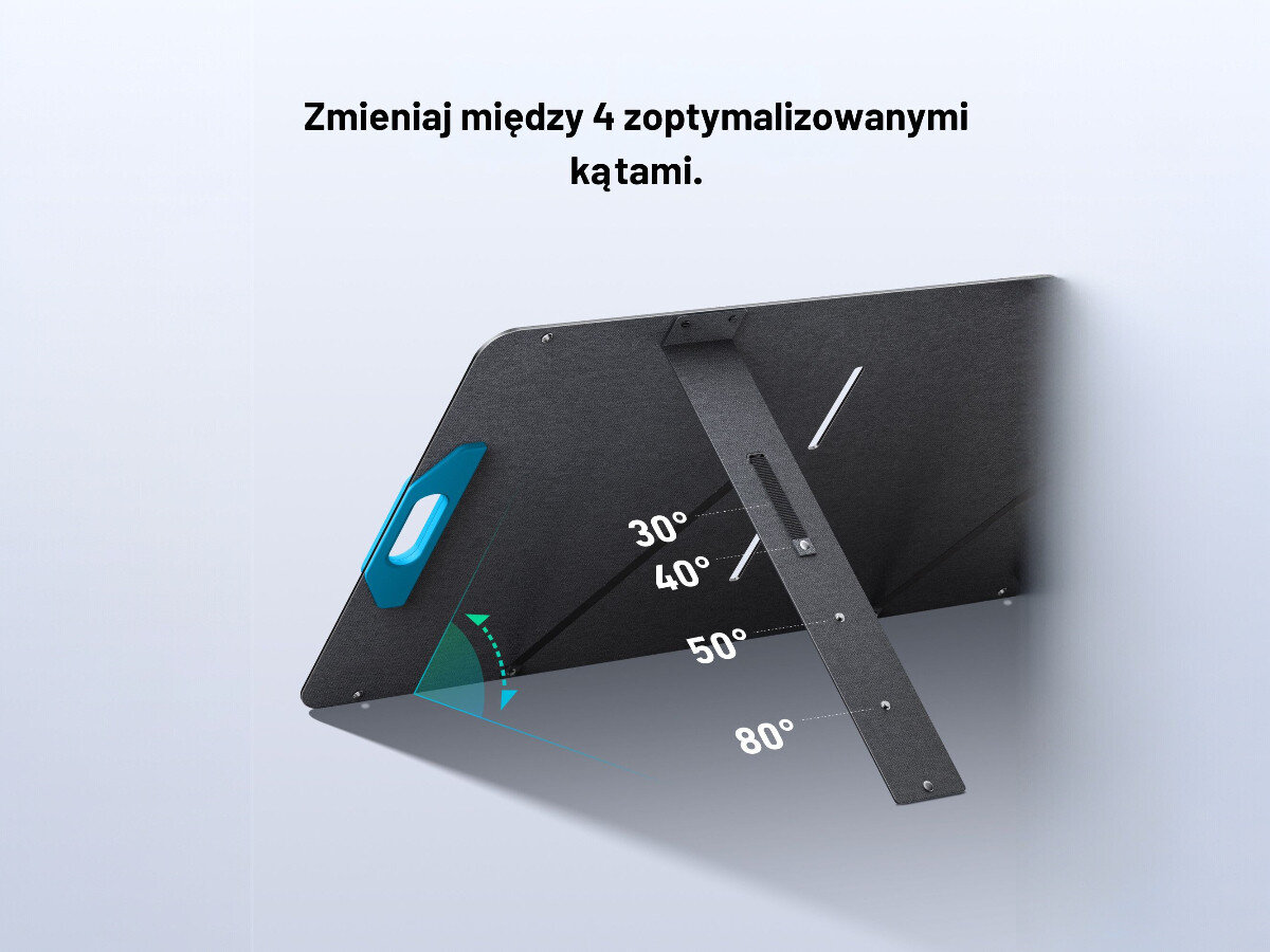 Panel fotowoltaiczny ANKER Solix PS100 100W, kąty, regulacja, uniwersalność, MC4, Ustawienie panelu ANKER Solix PS100 pod kątem z czterech opcji — 30°, 40°, 50°, 80°, wyraźna podpórka.