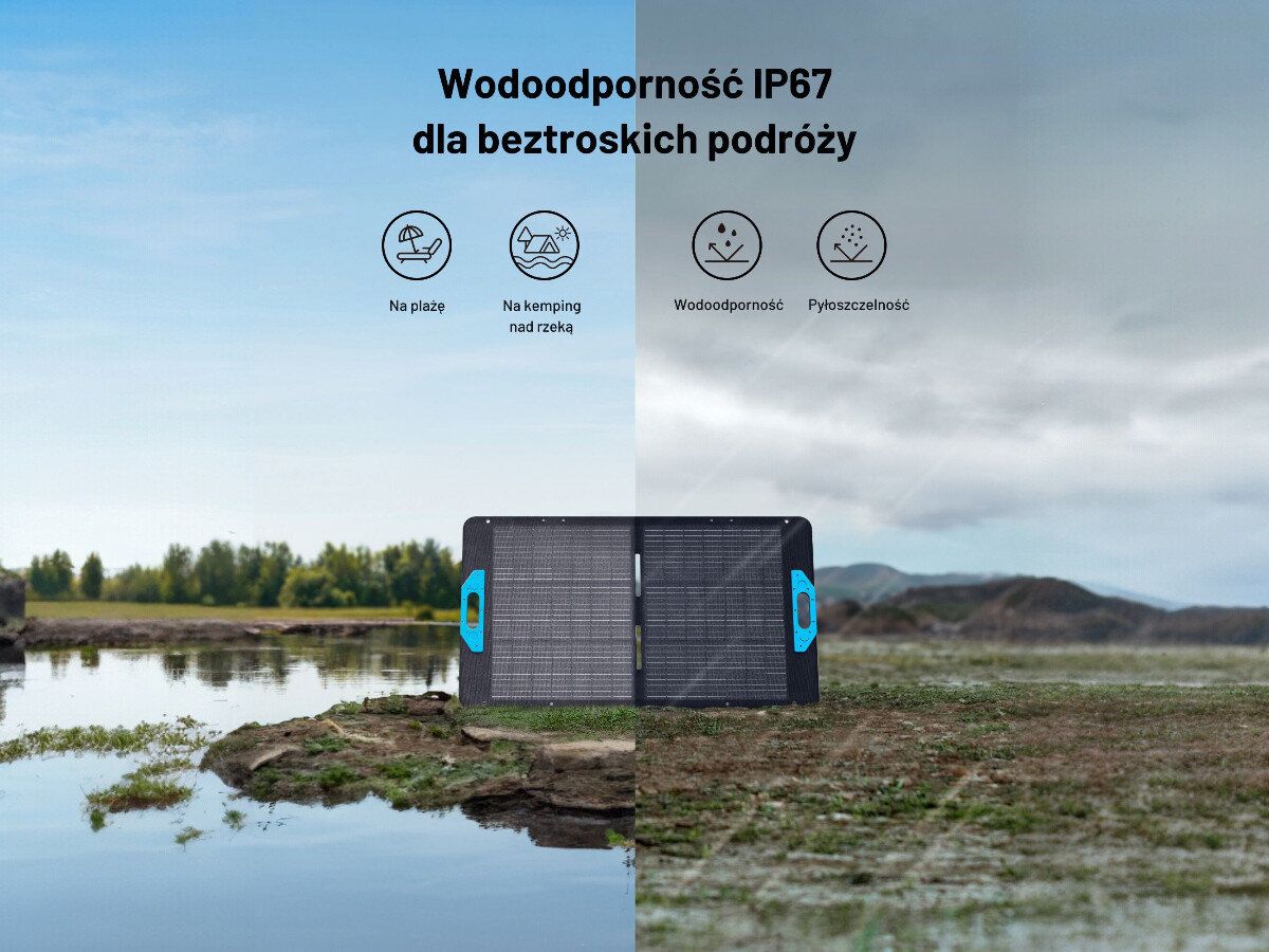 Panel fotowoltaiczny ANKER Solix PS100 100W, pogoda, ETFE, wodoszczelność, IP67, ANKER Solix PS100 na granicy wody i suchego terenu, prezentacja wodoodporności i pyłoszczelności IP67.