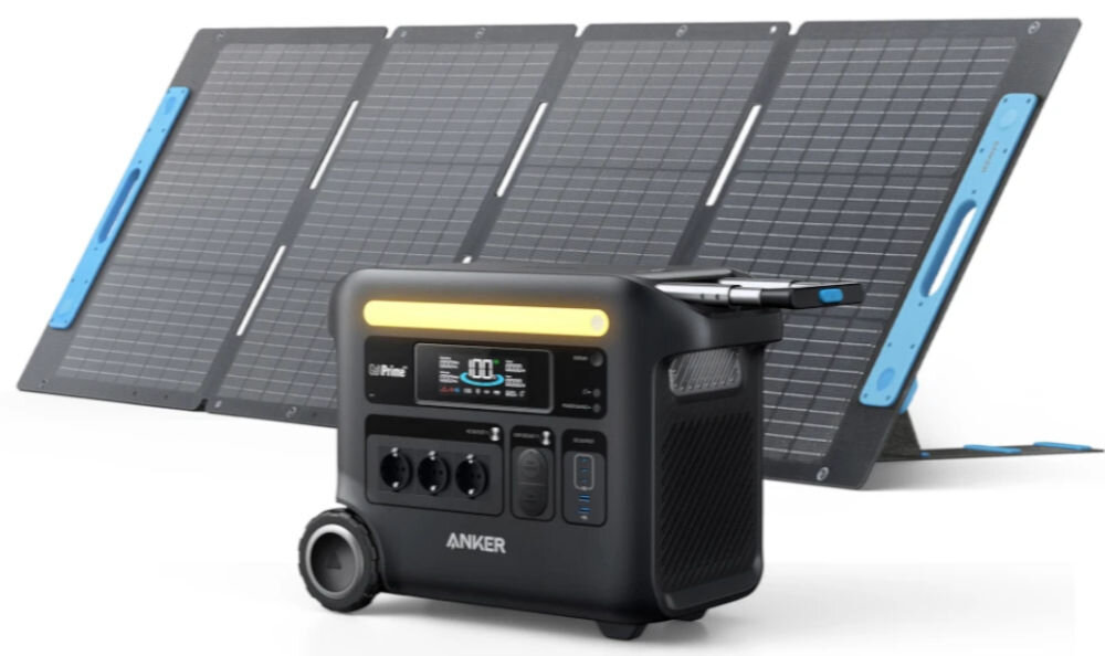 Stacja zasilania ANKER Solix F2600 2560 Wh 2300W, wydatek, moc, pojemnośc, zasilanie, na białym tle stacja oraz panele fotowoltaiczne na drugim planie