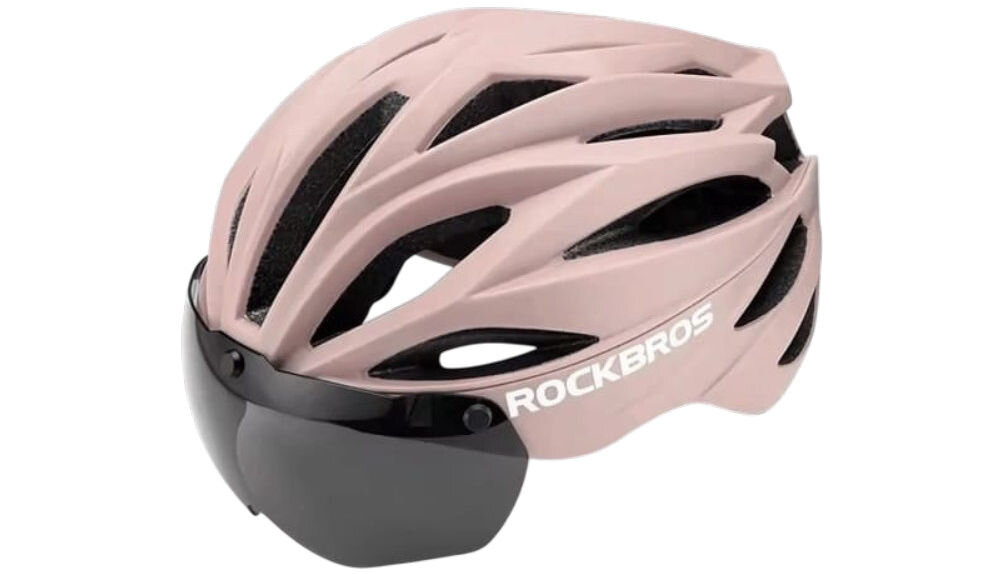 Kask rowerowy ROCKBROS 8386824304046 Różowy Szosowy (rozmiar 58-62), okulary, uv, komfort, ochrona, Różowy kask rowerowy z ciemną osłoną na białym tle.