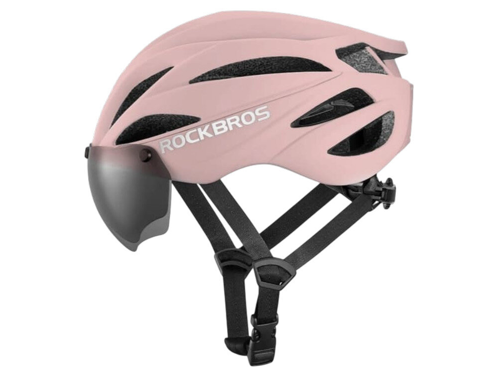 Kask rowerowy ROCKBROS 8386824304046 Różowy Szosowy (rozmiar 58-62), wentylacja, przepływ, chłodzenie, komfort, Profil różowego kasku z zamontowaną ciemną szybką.