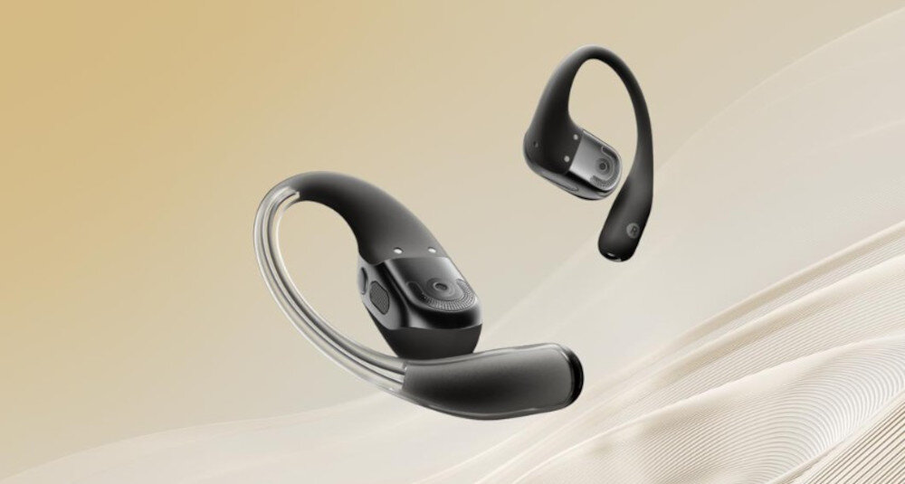 Słuchawki SHOKZ OpenFit 2 lekkie 9,4 g pałąk Ni-Ti stabilność, słuchawki po skosie na złotym tle