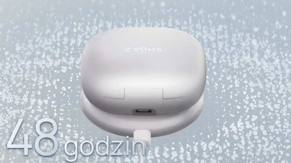 Słuchawki SHOKZ OpenFit 2+ ładowanie bezprzewodowe etui indukcyjnem, etui z funkcją ładowania na jasnym tle