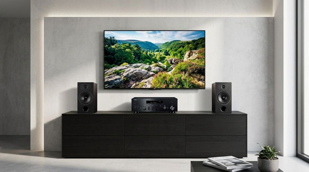Zestaw stereo YAMAHA MusicCast R-N600A + INDIANA Line Tesi 3, amplituner stereo i kolumny podłogowe, zestaw w pomieszczeniu