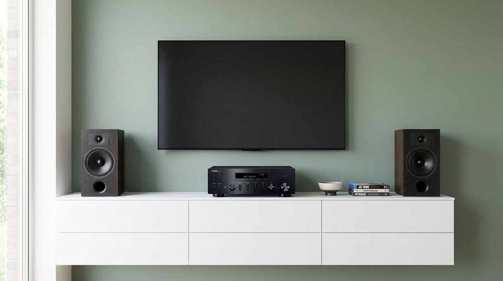 Zestaw stereo YAMAHA MusicCast R-N600A + INDIANA Line Tesi 3, amplituner 2.1 kanału, moc RMS 350 W, impedancja 2–8 Ω, zestaw w pomieszczeniu