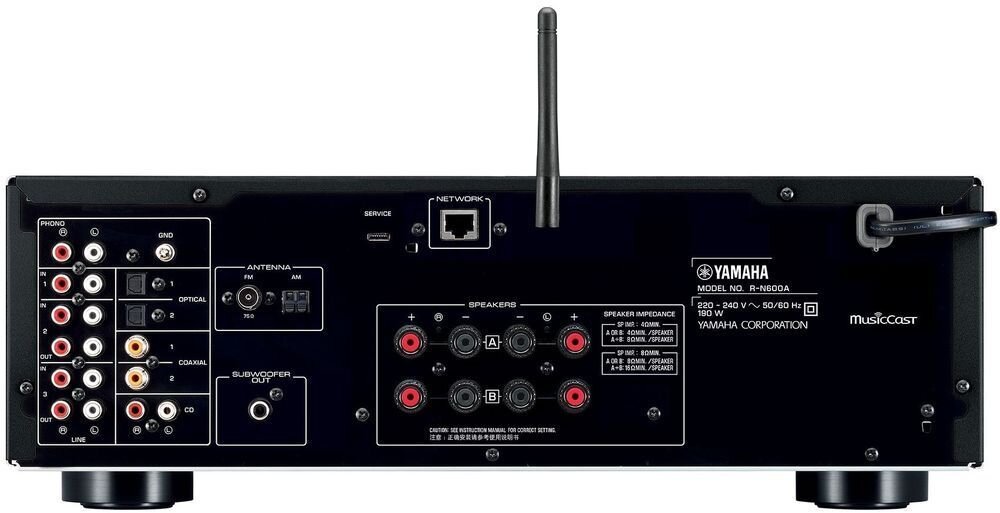 Zestaw stereo YAMAHA MusicCast R-N600A + INDIANA Line Tesi 3, USB-A, wejścia coaxialne, optyczne, liniowe i gramofonowe MM, amplituner od tyłu na białym tle