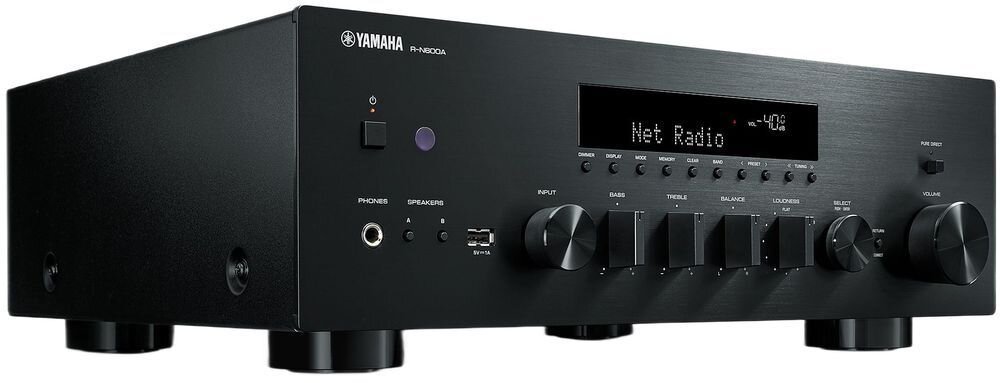 Zestaw stereo YAMAHA MusicCast R-N600A + INDIANA Line Tesi 3, korektor, regulacja tonów, filtr loudness i wyjście słuchawkowe, amplituner po skosie na białym tle