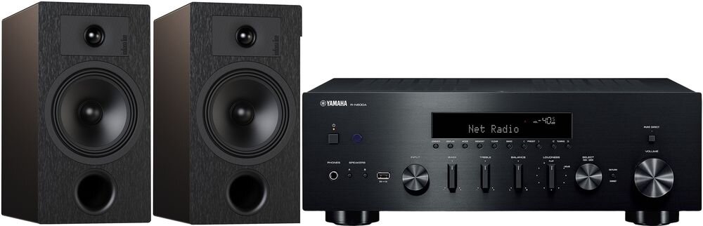 Zestaw stereo YAMAHA MusicCast R-N600A + INDIANA Line Tesi 3, Ethernet LAN, Wi-Fi i system Multiroom, zestaw od frontu na białym tle