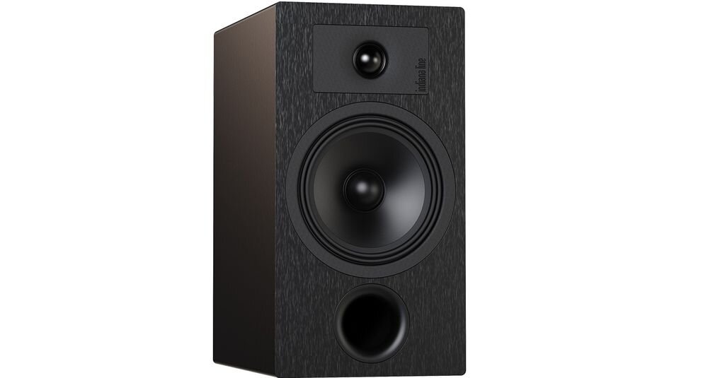 Zestaw stereo YAMAHA MusicCast R-N600A + INDIANA Line Tesi 3, kolumny Bass-reflex, pasmo 45 Hz–22 kHz, wymiary 180 x 340 x 275 mm, kolumna od skosu na białym tle