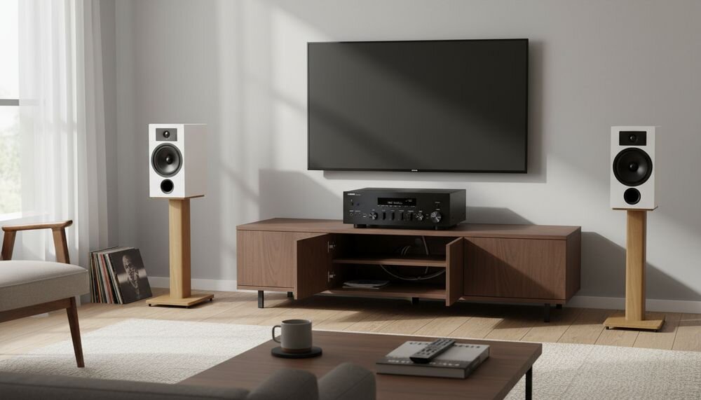 Zestaw stereo YAMAHA MusicCast R-N600A + INDIANA Line Tesi 3, amplituner stereo i kolumny podłogowe, zestaw w pomieszczeniu