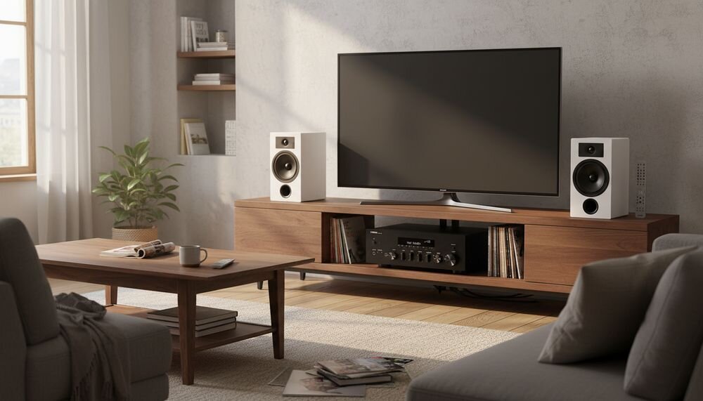 Zestaw stereo YAMAHA MusicCast R-N600A + INDIANA Line Tesi 3, amplituner 2.1 kanału, moc RMS 350 W, impedancja 2–8 Ω, zestaw w pomieszczeniu