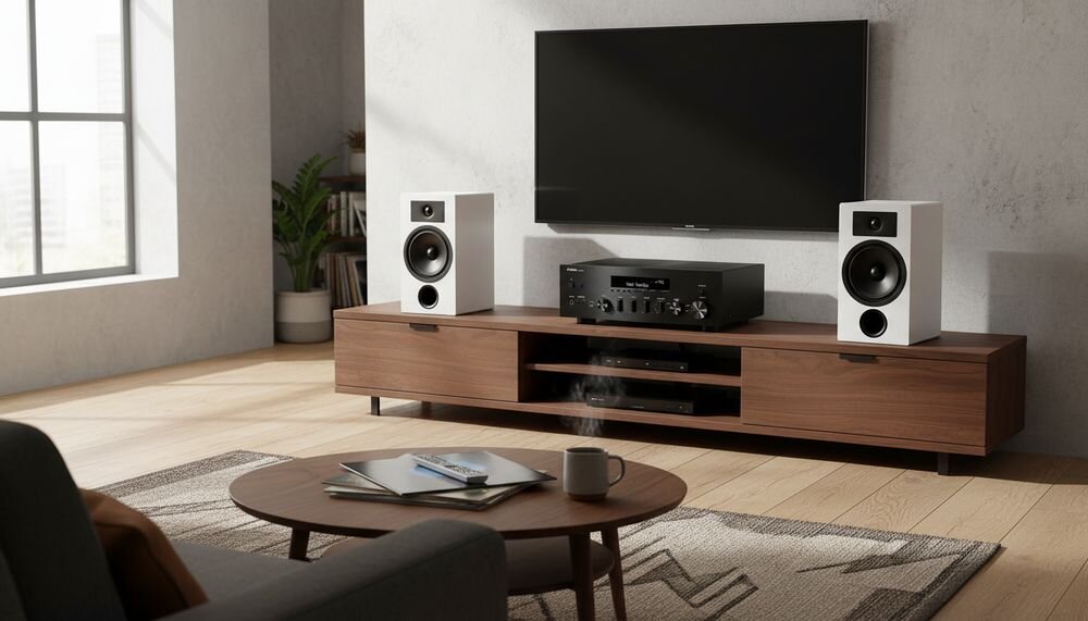 Zestaw stereo YAMAHA MusicCast R-N600A + INDIANA Line Tesi 3, Pure Direct, technologia ToP-ART i obsługa DSD, zestaw w pomieszczeniu