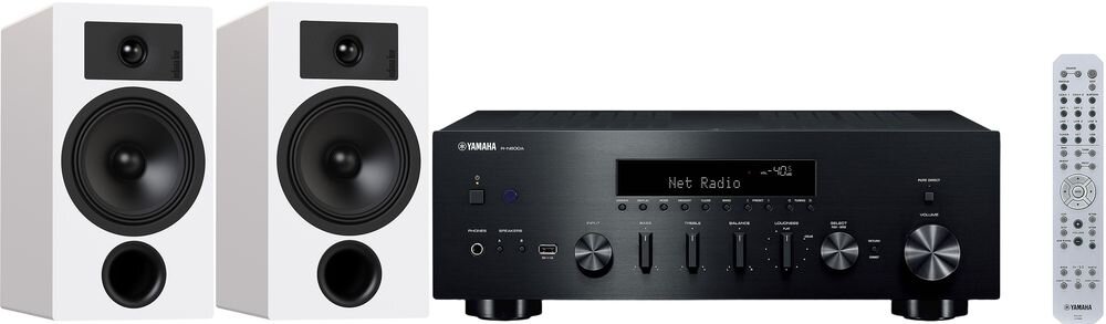 Zestaw stereo YAMAHA MusicCast R-N600A + INDIANA Line Tesi 3, Ethernet LAN, Wi-Fi i system Multiroom, zestaw od frontu na białym tle
