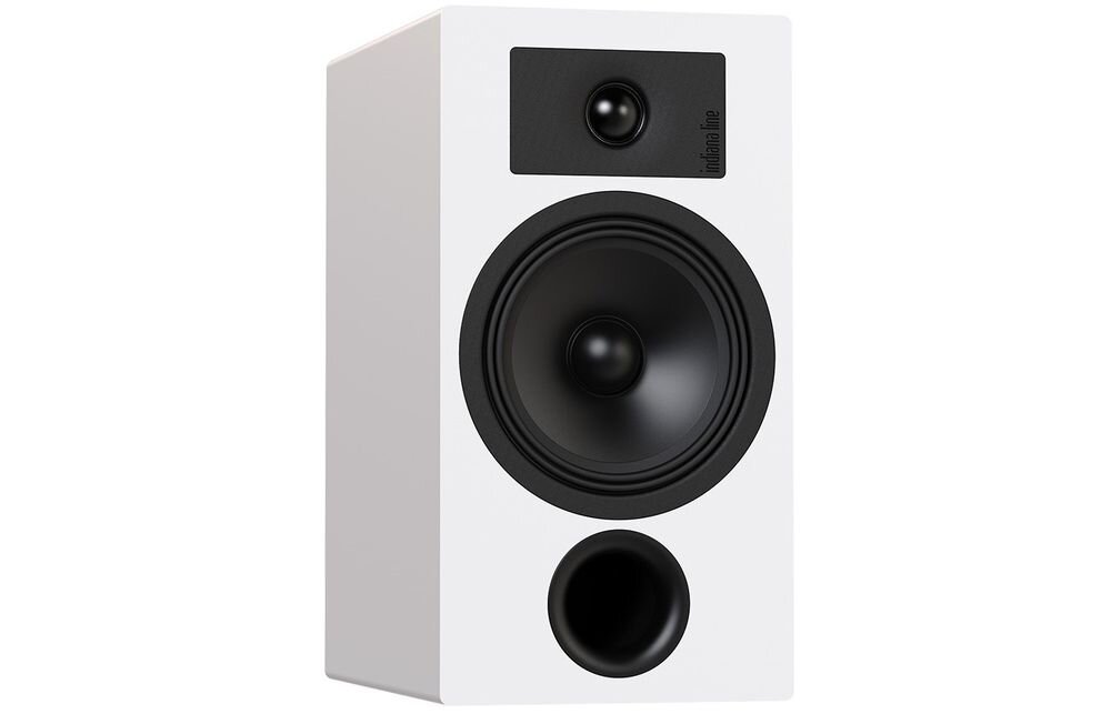 Zestaw stereo YAMAHA MusicCast R-N600A + INDIANA Line Tesi 3, kolumny Bass-reflex, pasmo 45 Hz–22 kHz, wymiary 180 x 340 x 275 mm, kolumna od skosu na białym tle