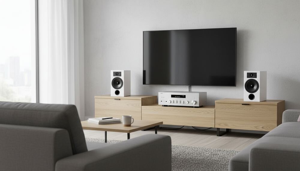 Zestaw stereo YAMAHA MusicCast R-N600A + INDIANA Line Tesi 3, amplituner stereo i kolumny podłogowe, zestaw w pomieszczeniu