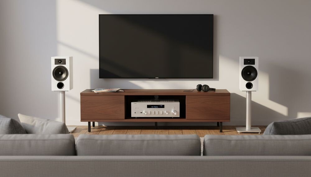 Zestaw stereo YAMAHA MusicCast R-N600A + INDIANA Line Tesi 3, amplituner 2.1 kanału, moc RMS 350 W, impedancja 2–8 Ω, zestaw w pomieszczeniu